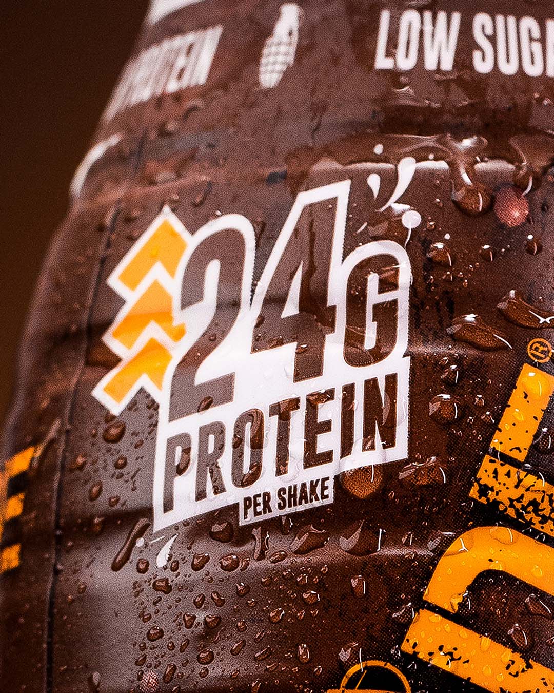 Label text _24g protein per shake_ for Brownie Protein Shake